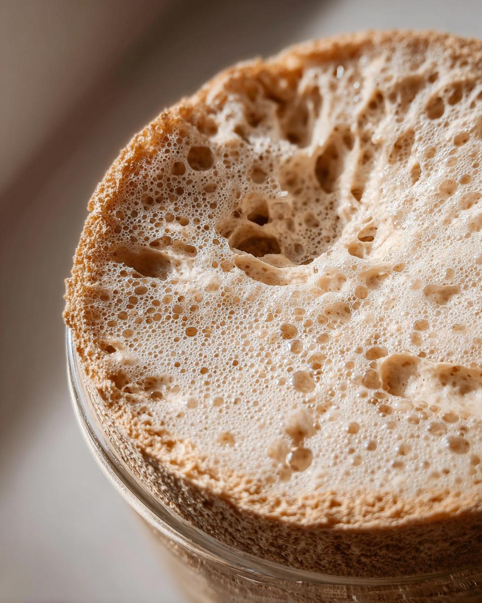Close-up of a very active sourdough starter overflowing a glass jar, showing a thick layer of bubbles.