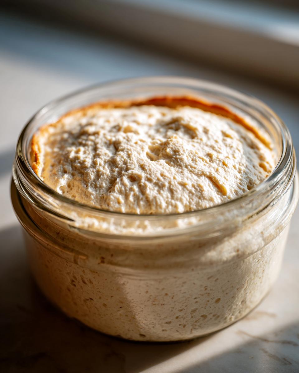 Close-up of an active, bubbly sourdough starter overflowing slightly in a clear glass jar.