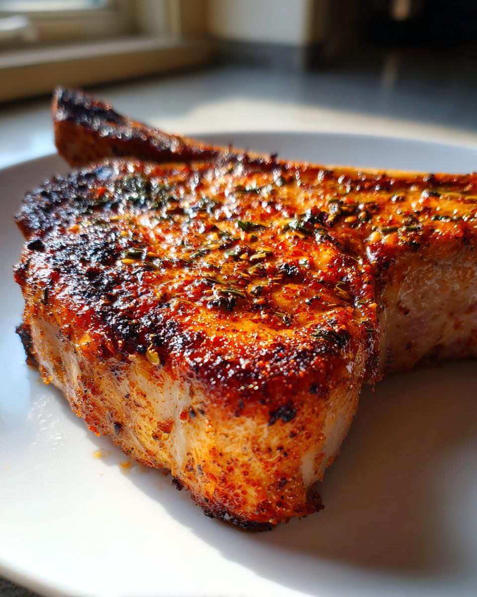 Close-up of a thick, juicy air fryer pork chop with a beautifully seasoned, slightly charred crust.
