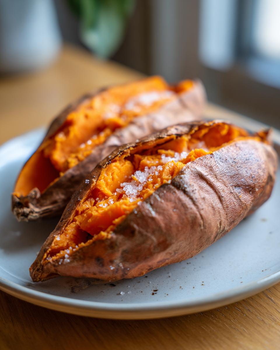 Two halves of a fluffy baked sweet potato topped with coarse sea salt, ready to eat.