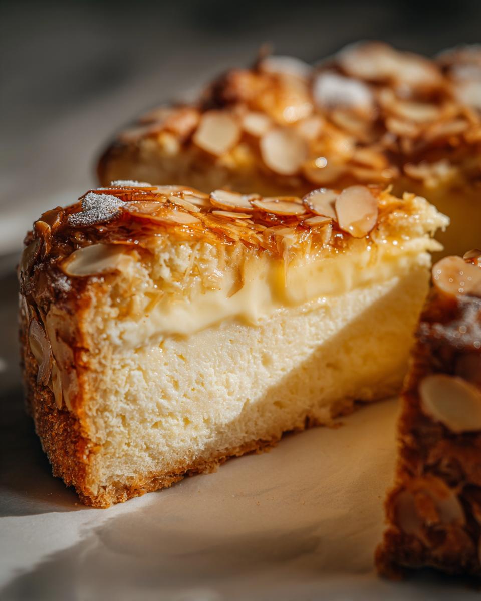 Close-up of a thick slice of bee sting cake showing the creamy vanilla filling and caramelized almond topping.