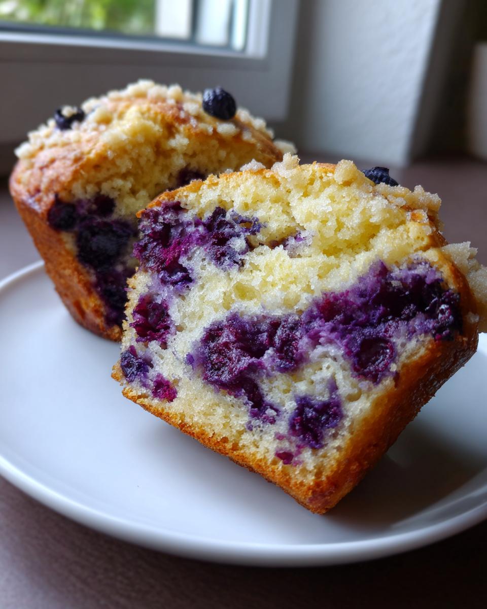 Close-up of amazing blueberry muffins cut in half showing moist crumb and abundant purple blueberries.