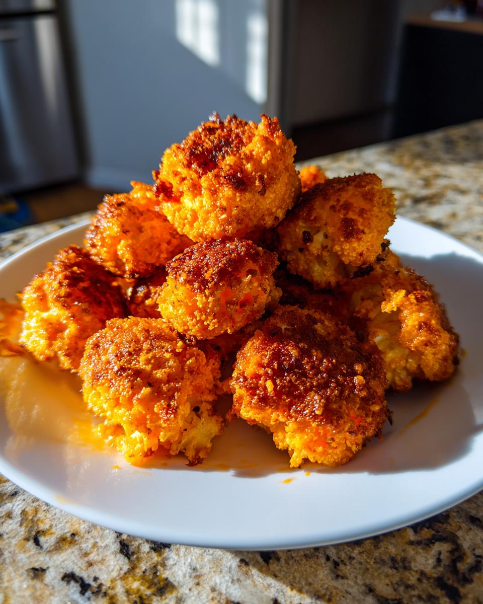 A close-up stack of crispy, bright orange buffalo cauliflower bites served on a white plate.