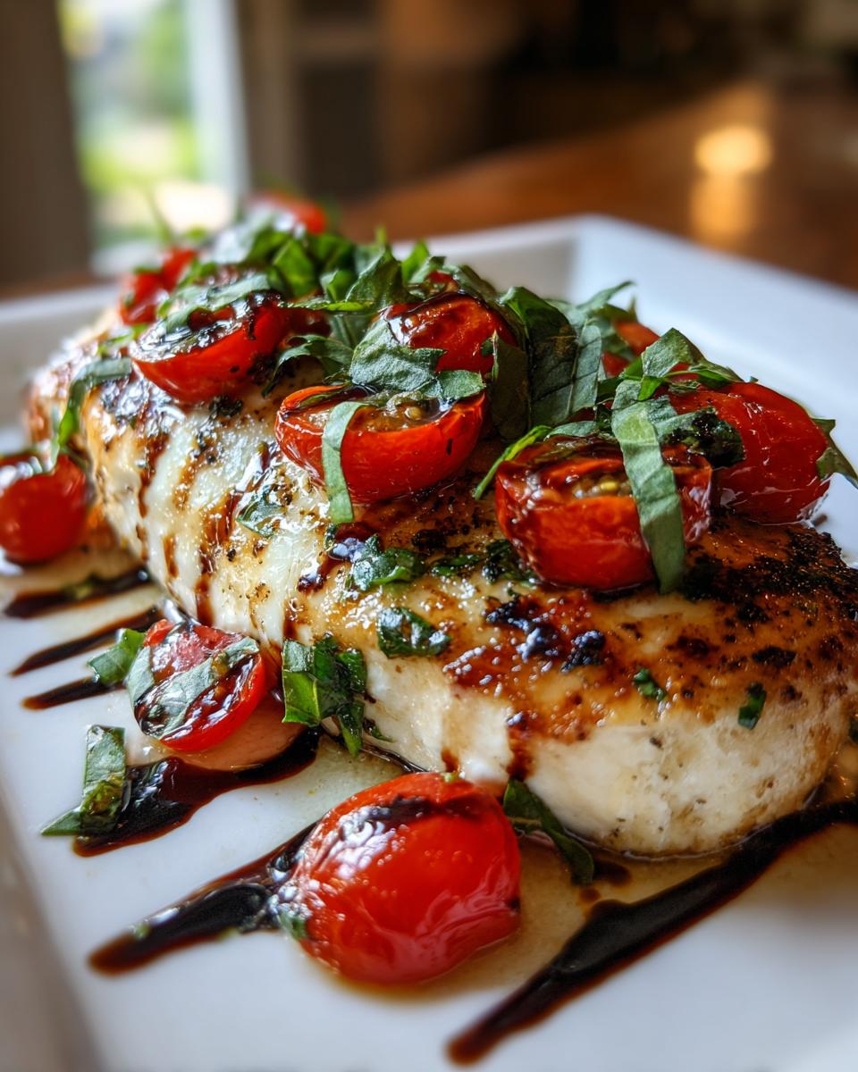 Close-up of a perfectly cooked caprese chicken breast topped with roasted cherry tomatoes and fresh basil.