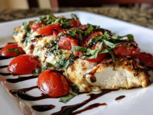 Close-up of a cooked caprese chicken breast, topped with melted mozzarella, cherry tomatoes, and fresh basil.
