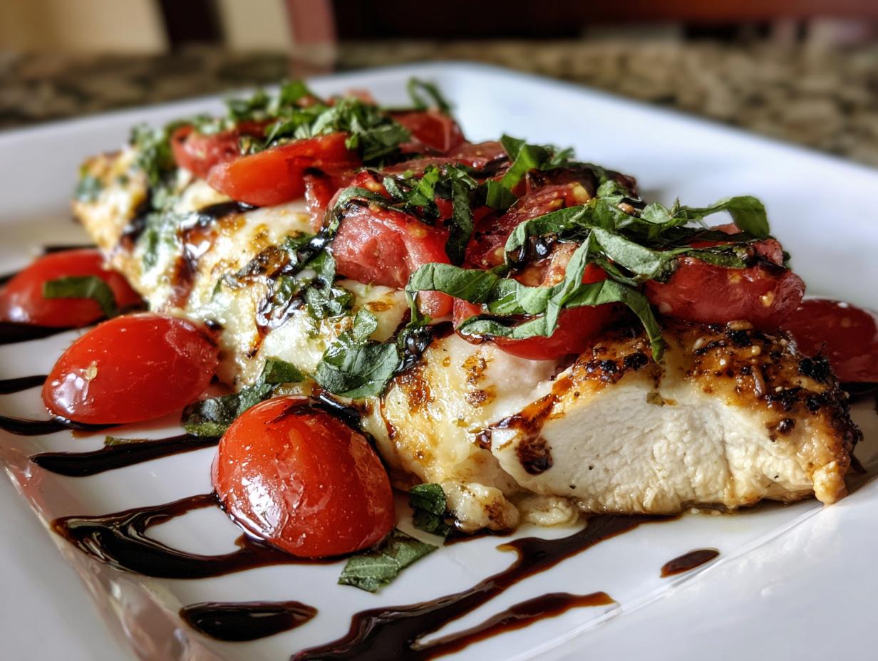 Close-up of a cooked caprese chicken breast, topped with melted mozzarella, cherry tomatoes, and fresh basil.