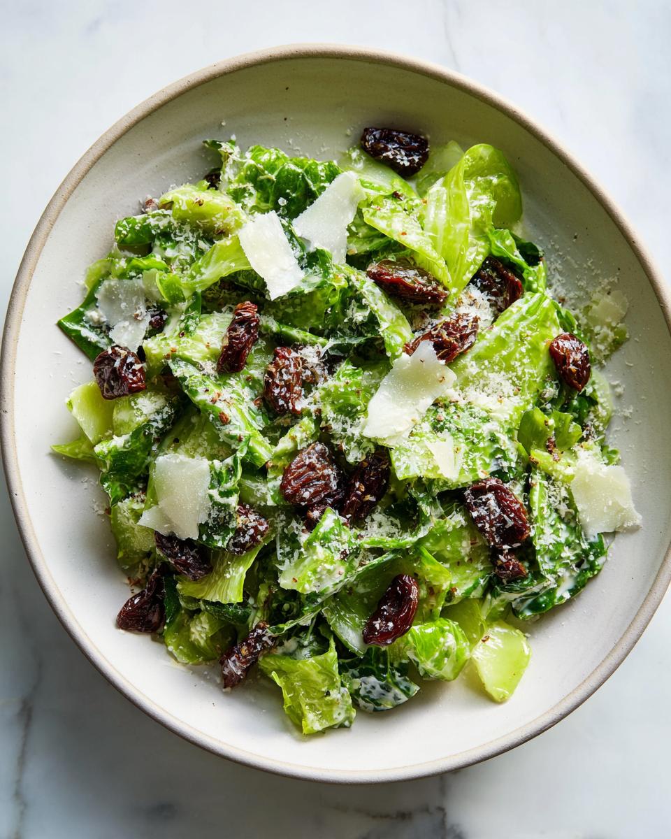 Overhead view of a vibrant celery salad tossed in creamy dressing, topped with shaved Parmesan and dried cherries.