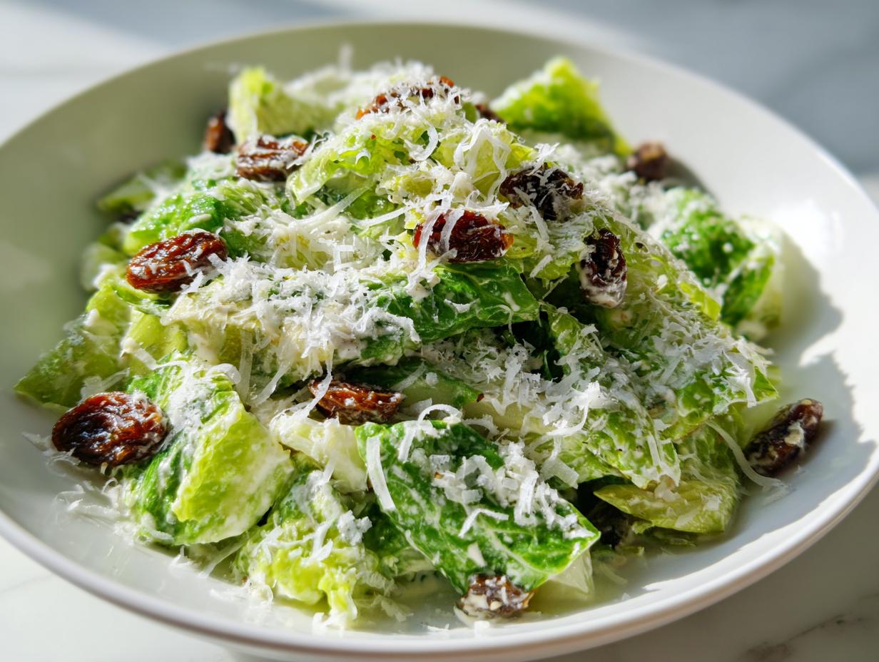 Close-up of a vibrant celery salad tossed in creamy dressing, topped with grated cheese and dried raisins.