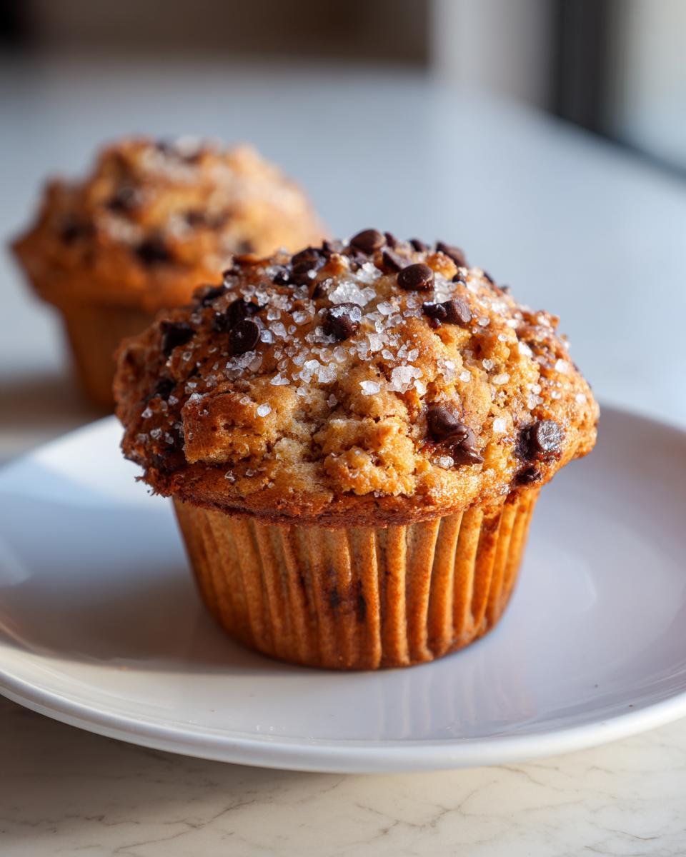 Close-up of a perfectly baked chocolate chip muffin topped with mini chips and coarse sugar.