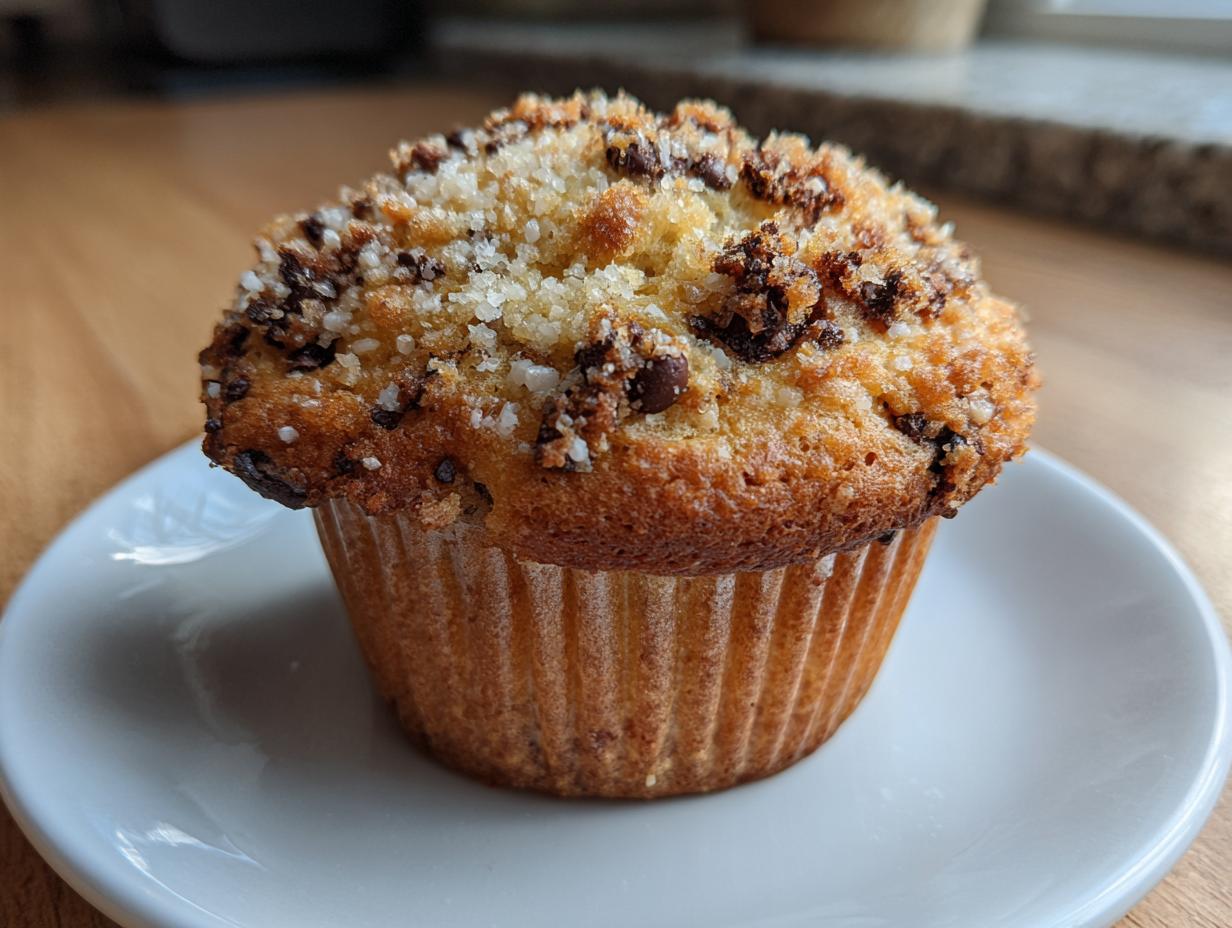 A close-up of a freshly baked chocolate chip muffin topped with coarse sugar crystals.