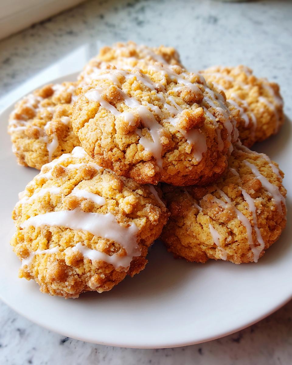 A stack of five crumbly coffee cake cookies drizzled with white vanilla glaze on a white plate.