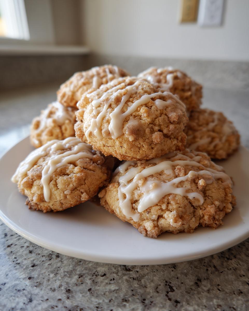 A stack of amazing coffee cake cookies topped with a sweet vanilla drizzle on a white plate.