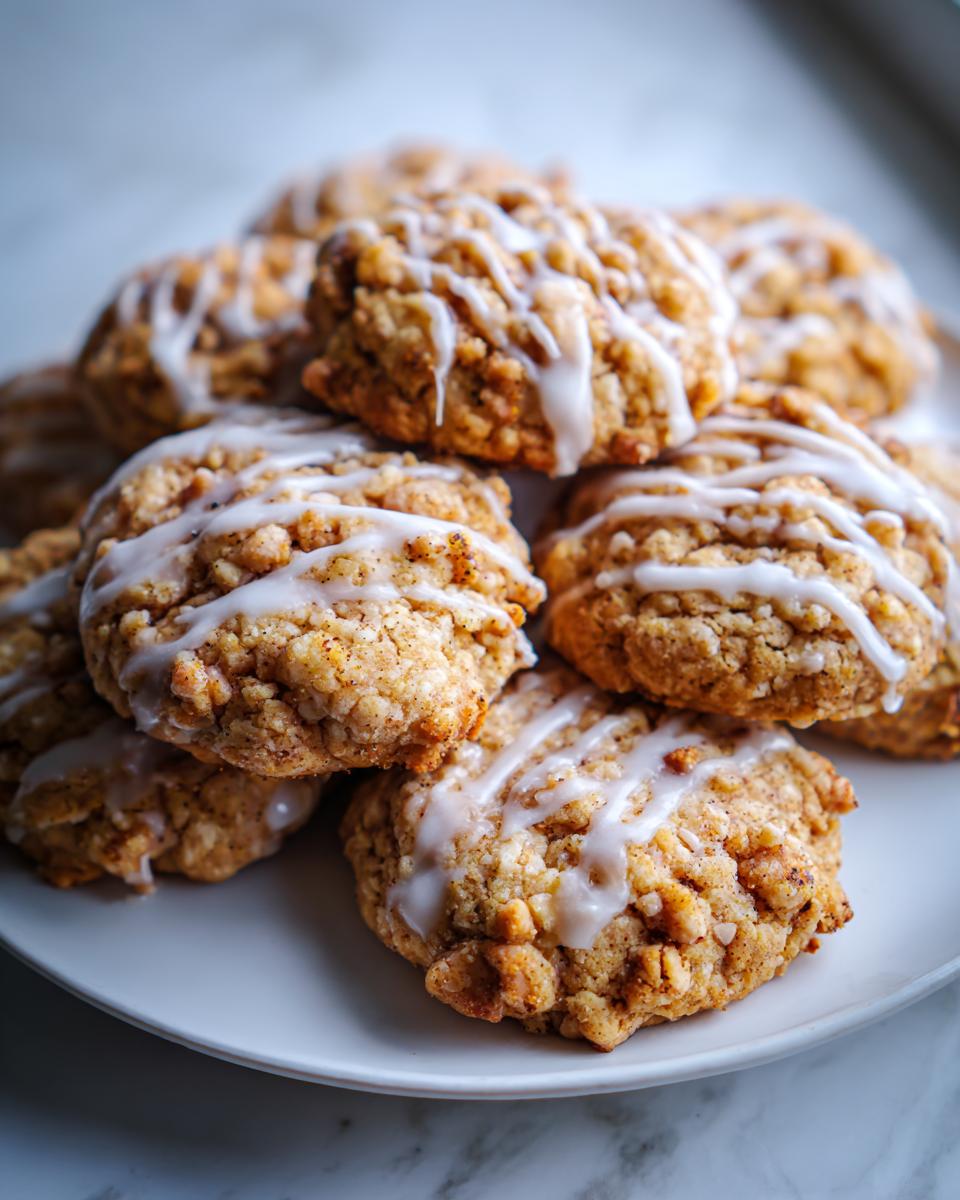 A stack of freshly baked coffee cake cookies drizzled with white vanilla glaze on a white plate.