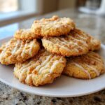 A stack of delicious coffee cake cookies topped with cinnamon streusel and a white vanilla glaze drizzle.