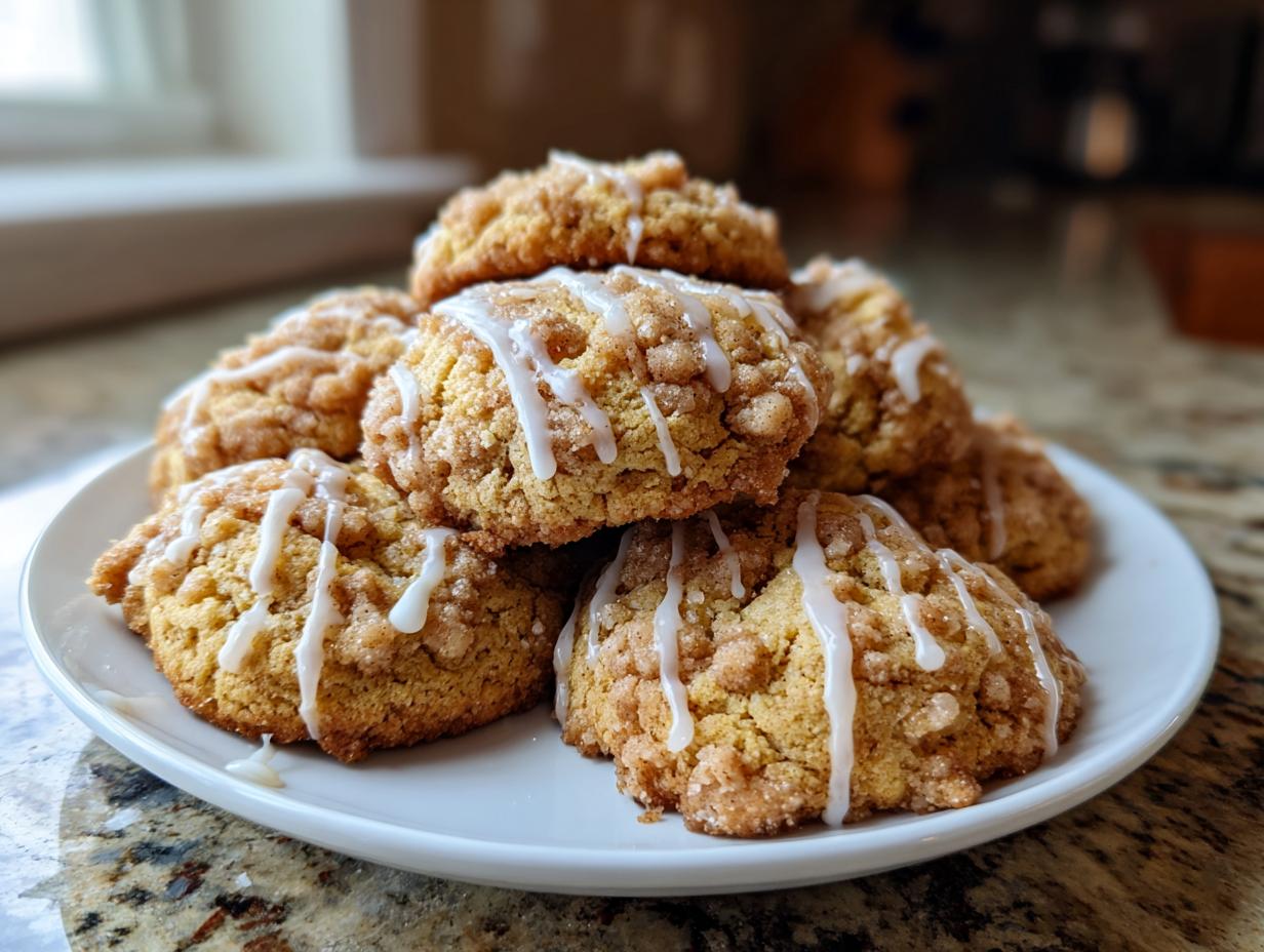 A stack of freshly baked coffee cake cookies topped with a sweet vanilla glaze, ready to eat.