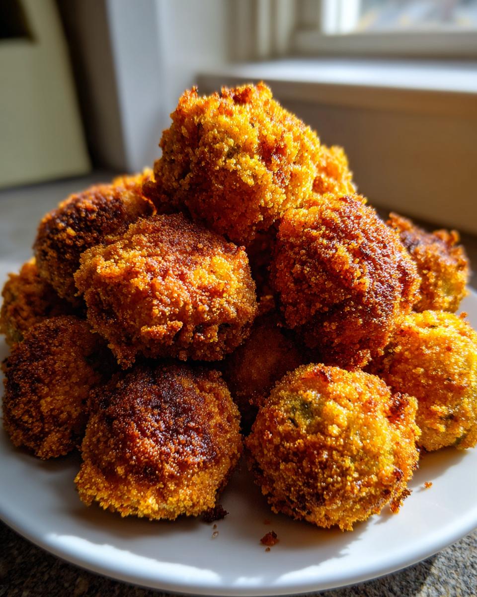 A pile of golden brown, crispy fried okra balls served on a white plate, beautifully lit by sunlight.