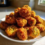 A mound of perfectly golden brown, crispy fried okra pieces piled high on a white plate.