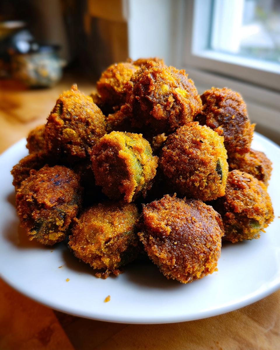A mound of golden brown, crispy fried okra pieces served on a white plate, ready to eat.