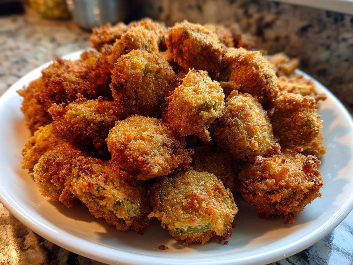 A close-up of a pile of golden brown, crispy fried okra served on a white plate.