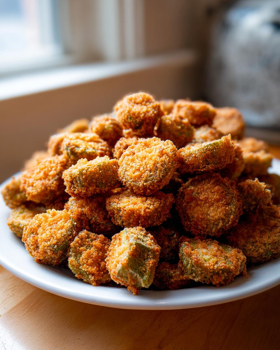 A large mound of golden brown, crispy fried okra slices piled high on a white plate.