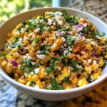A white bowl filled with vibrant mexican street corn salad, topped with cotija cheese, cilantro, and chili powder.