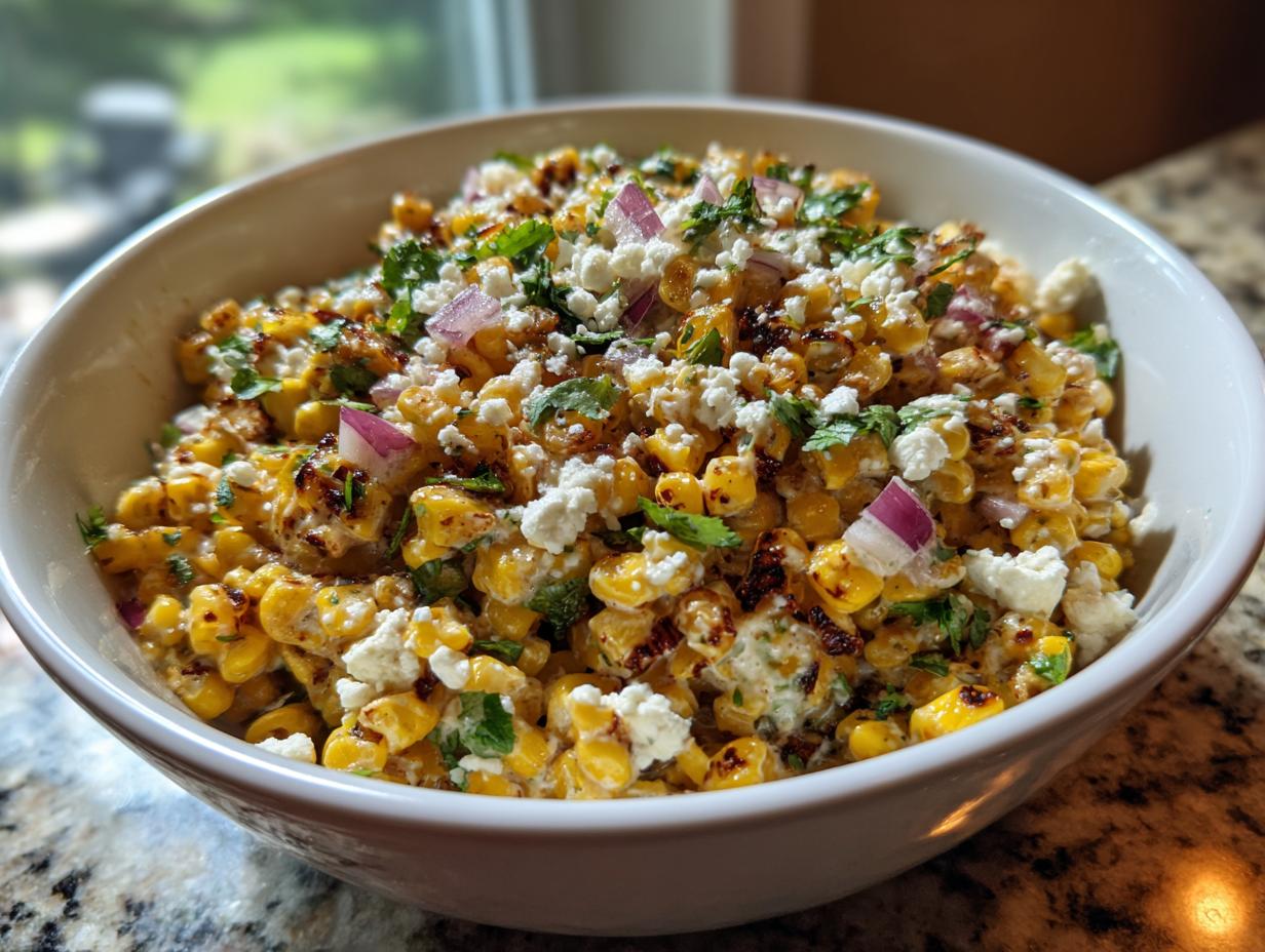 A white bowl filled with vibrant mexican street corn salad topped with cotija cheese and red onion.
