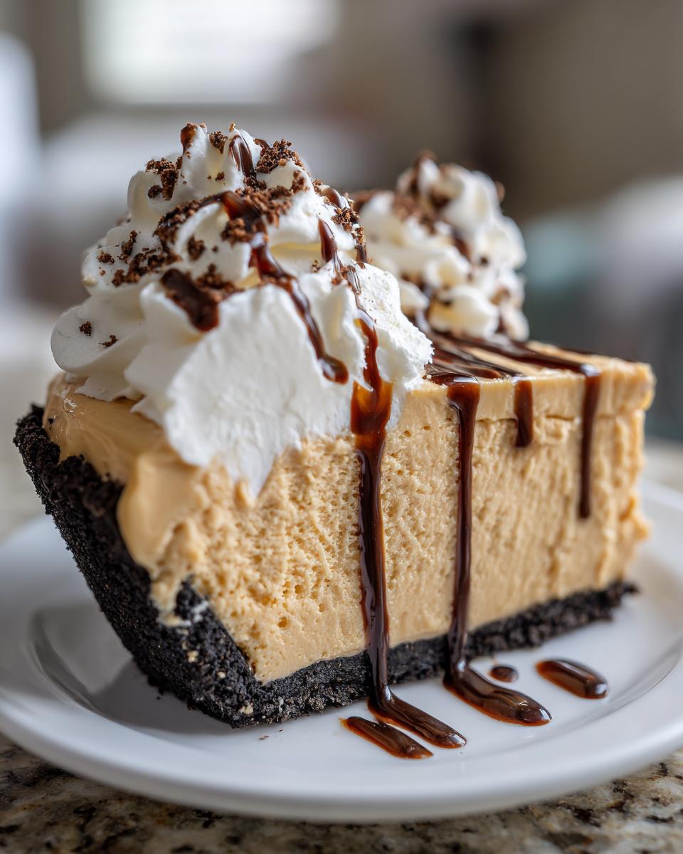 A rich slice of no-bake peanut butter pie with a dark crust, topped with whipped cream, chocolate drizzle, and shavings.