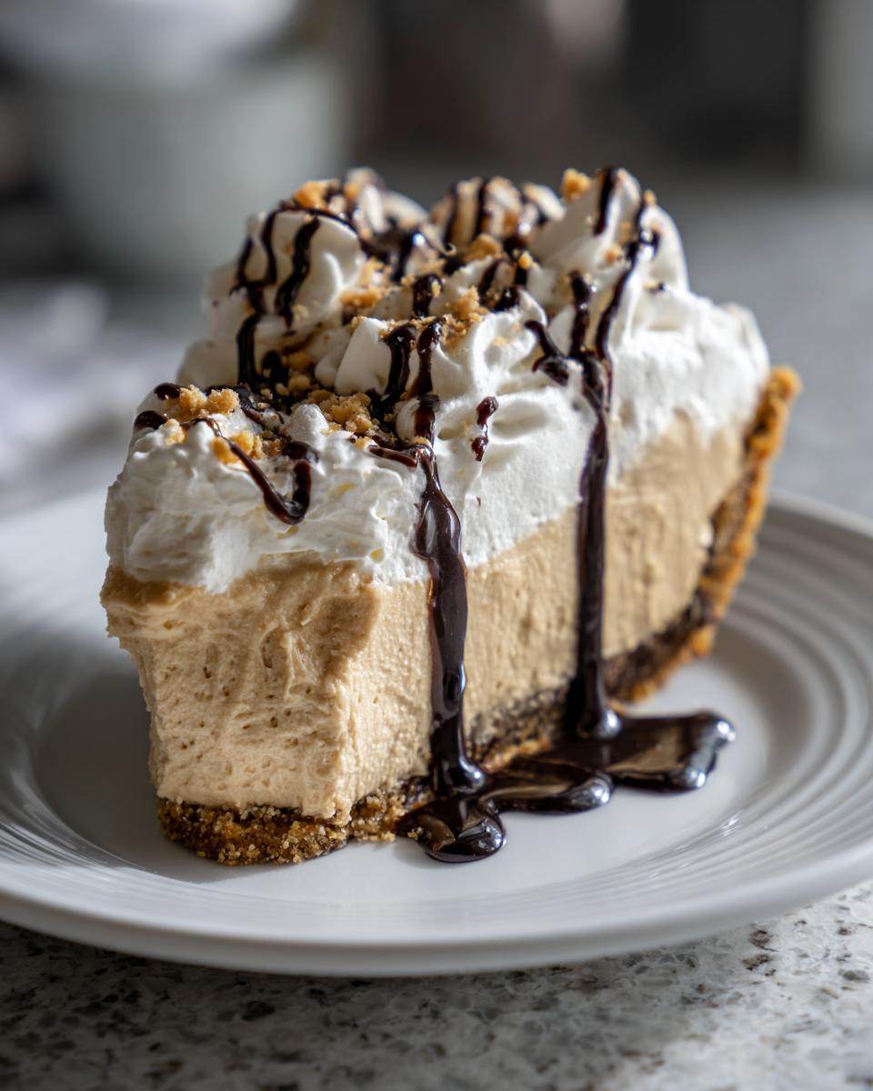 A decadent slice of peanut butter pie with a graham cracker crust, topped with whipped cream, chocolate syrup, and crushed nuts.