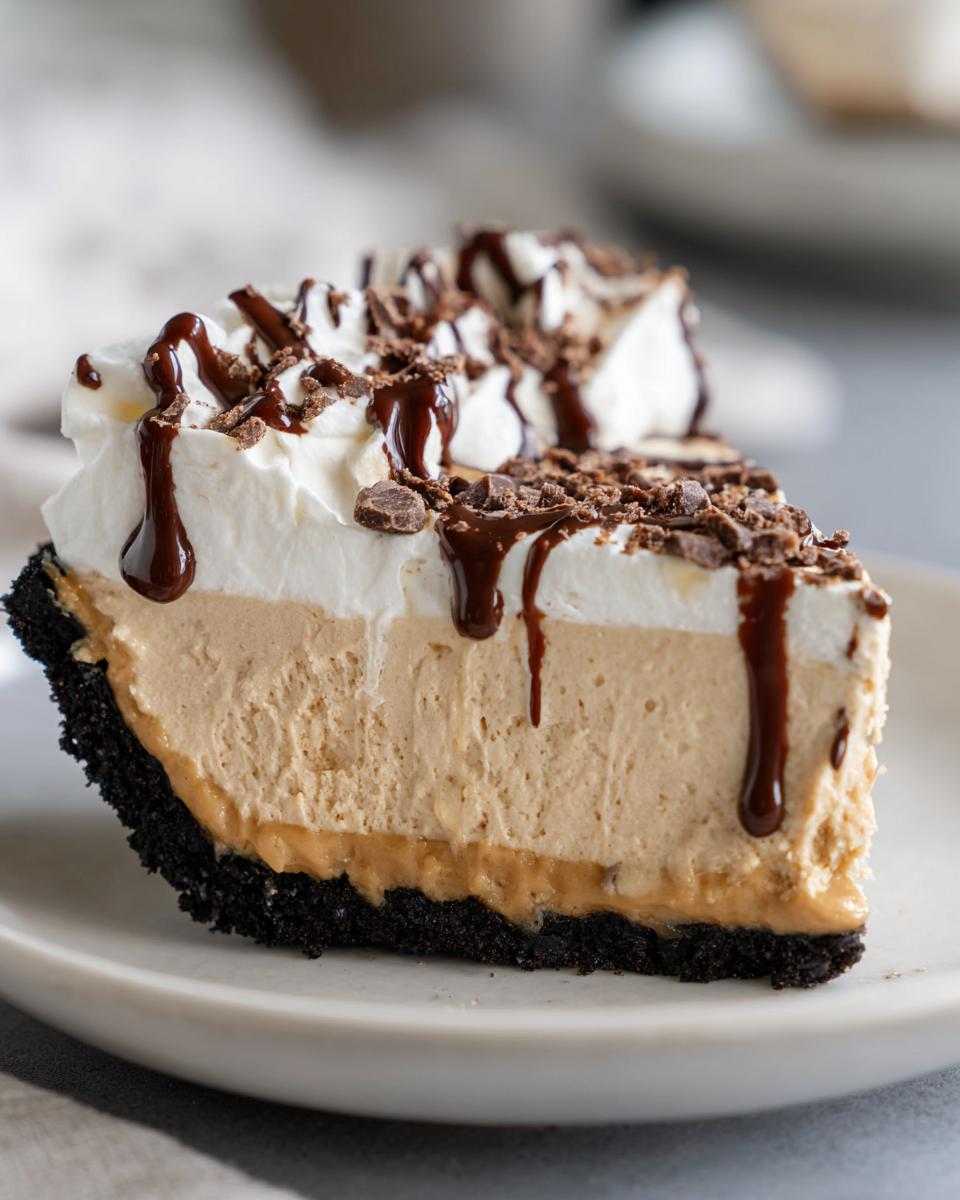 A decadent slice of peanut butter pie featuring a dark crust, creamy filling, whipped topping, and chocolate drizzle.