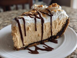 A decadent slice of no-bake peanut butter pie with a chocolate crust, topped with whipped cream and chocolate drizzle.