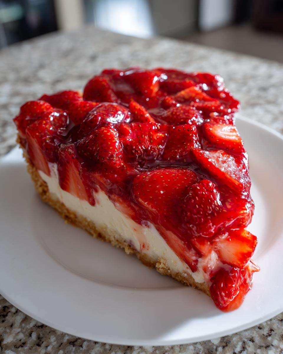 A close-up of a perfect slice of strawberry pie featuring a graham cracker crust, creamy filling, and glossy strawberry topping.
