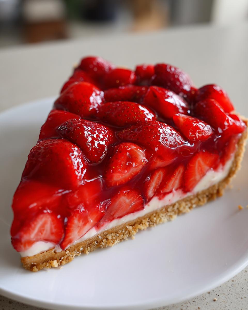 A close-up of a perfect slice of strawberry pie with a graham cracker crust and shiny red glaze.