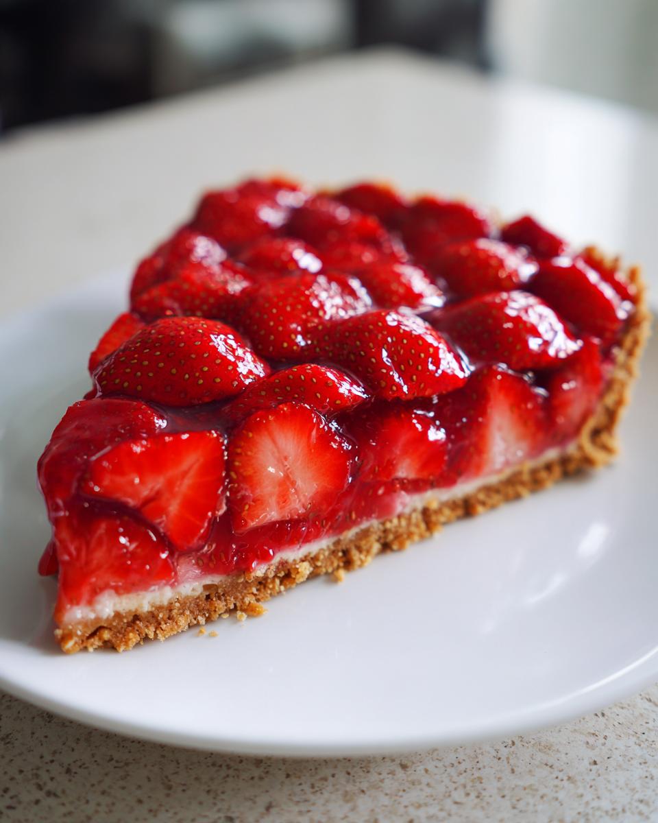 A perfect slice of strawberry pie featuring a graham cracker crust, creamy filling, and glossy fresh strawberries.