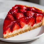 Close-up of a glistening slice of strawberry pie showing fresh strawberries, creamy filling, and a graham cracker crust.