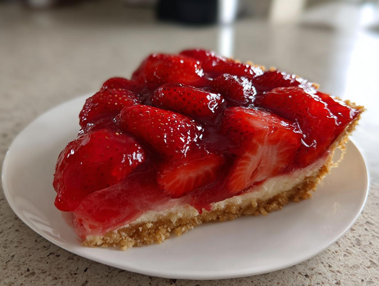 Close-up of a thick slice of strawberry pie featuring a graham cracker crust, cream filling, and a glossy topping of fresh strawberries.