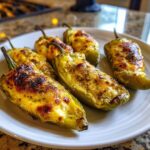 Close-up of six baked, cheese-stuffed banana peppers with browned tops served on a white plate.