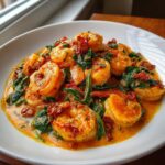 Close-up of plump shrimp coated in a creamy, orange sauce with spinach and sun-dried tomatoes, representing amazing tuscan shrimp.