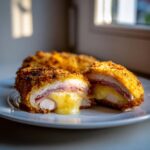 Cross-section of baked chicken cordon bleu showing melted cheese oozing out, surrounded by ham and a crispy golden breading.