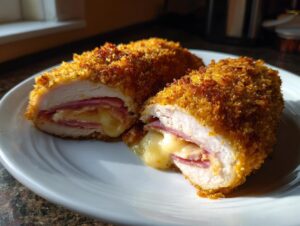 Cross-section of crispy baked chicken cordon bleu showing melted cheese oozing out with ham layers.