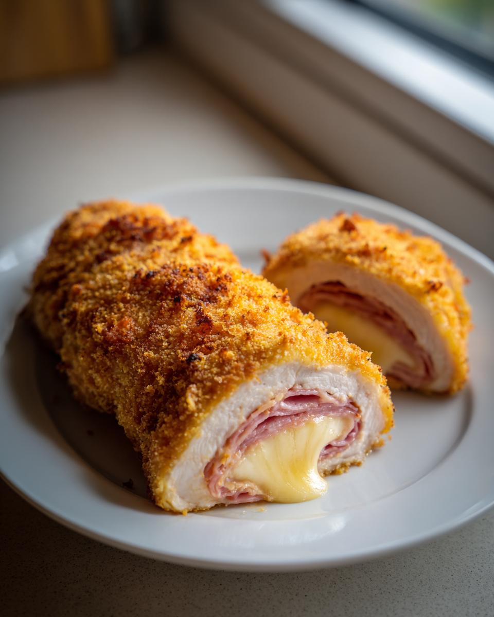 Close-up of baked chicken cordon bleu cut open, showing melted cheese oozing out between ham and chicken.