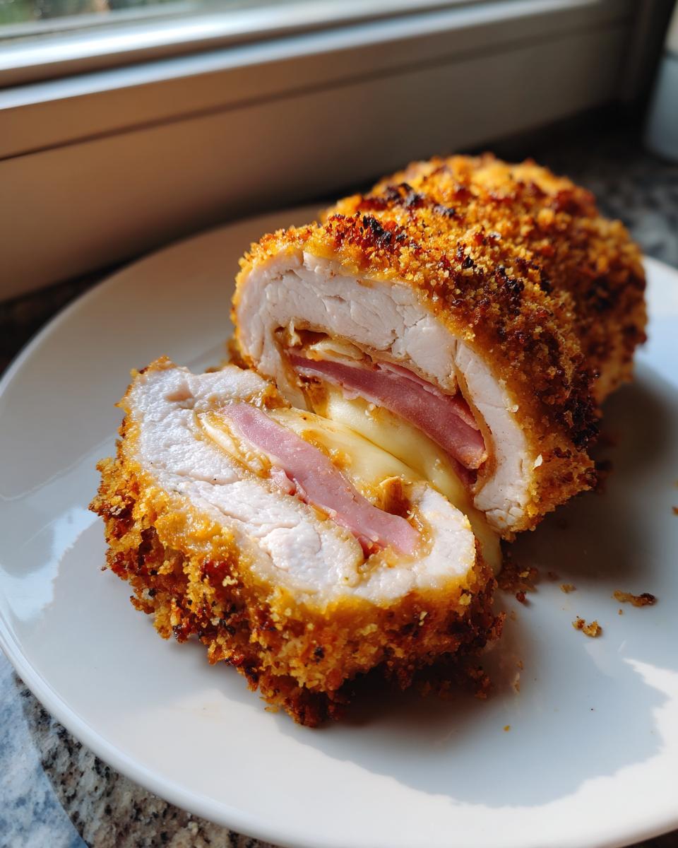 A baked chicken cordon bleu roll, sliced to show melted cheese and ham filling inside the crispy breading.