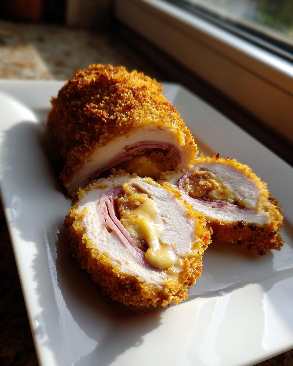 Cross-section of baked chicken cordon bleu showing crispy breading, ham, and melted cheese inside the chicken breast.