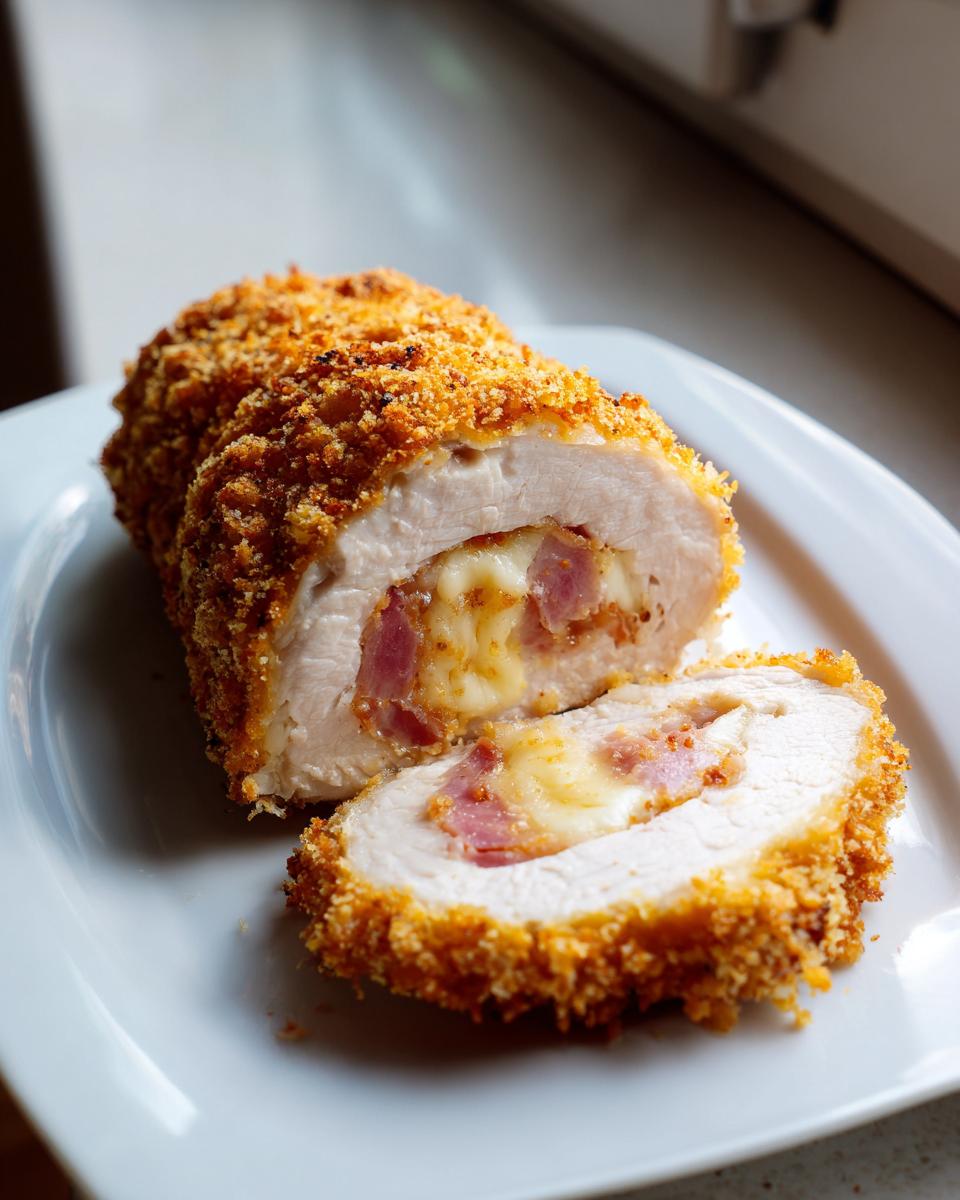 Cross-section view of baked chicken cordon bleu showing melted cheese and ham filling inside a crispy breaded crust.