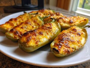 Close-up of baked stuffed banana peppers topped with melted, browned cheese on a white plate.