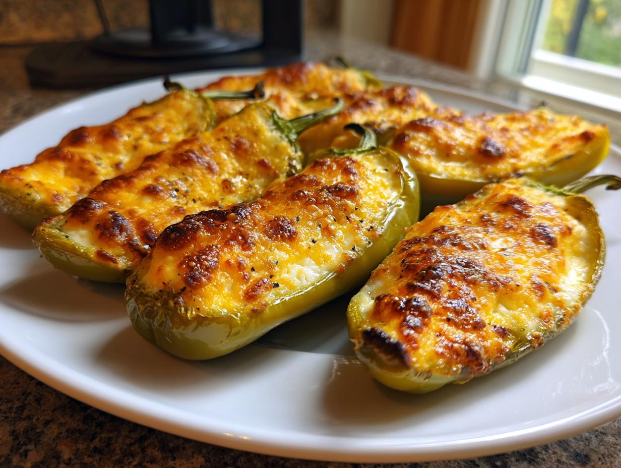 Close-up of baked stuffed banana peppers topped with melted, browned cheese on a white plate.