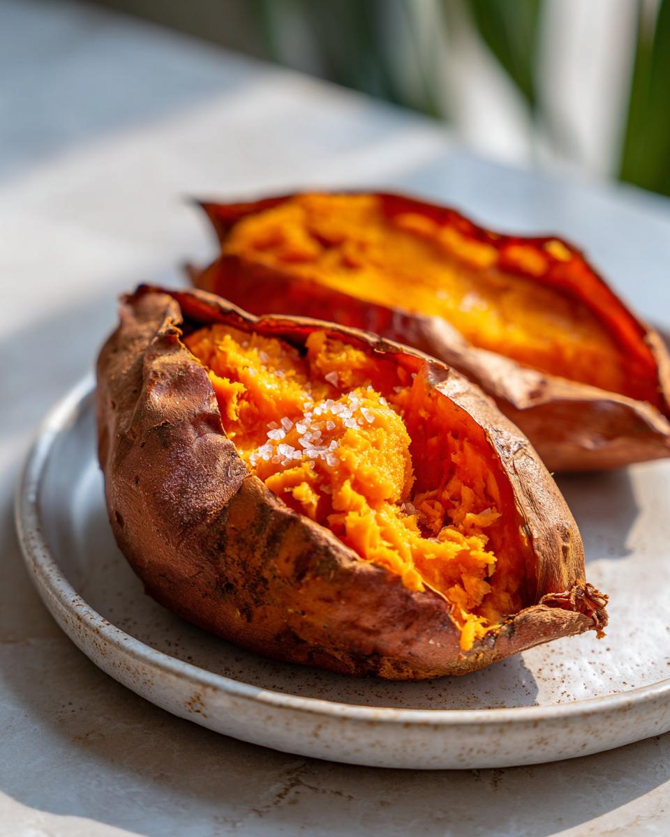 Close-up of a fluffy baked sweet potato split open and topped with coarse sea salt.
