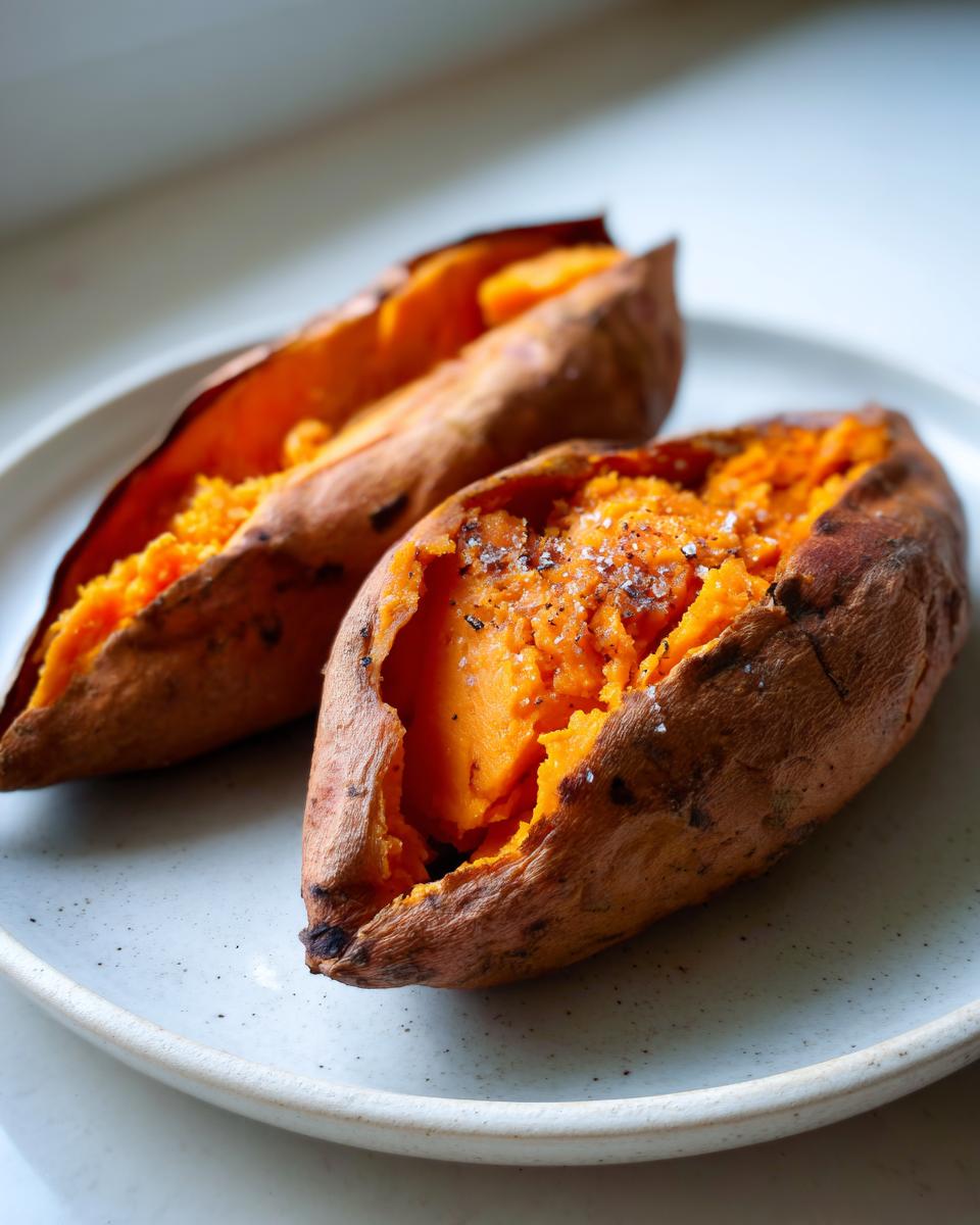 Two halves of a perfectly baked sweet potato, seasoned with salt and pepper, ready to eat.
