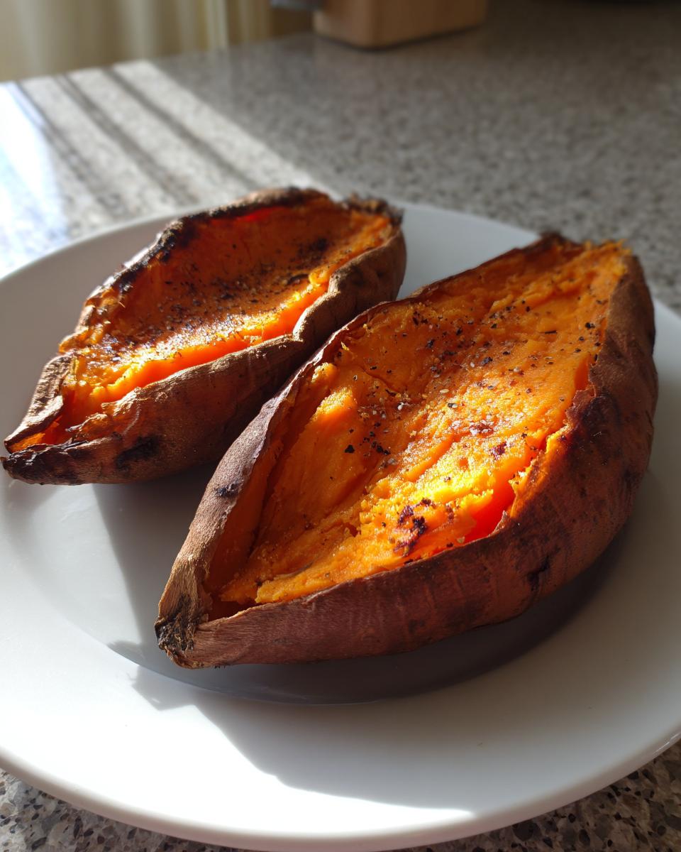 Two halves of a perfectly baked sweet potato, split open and seasoned with salt and pepper.