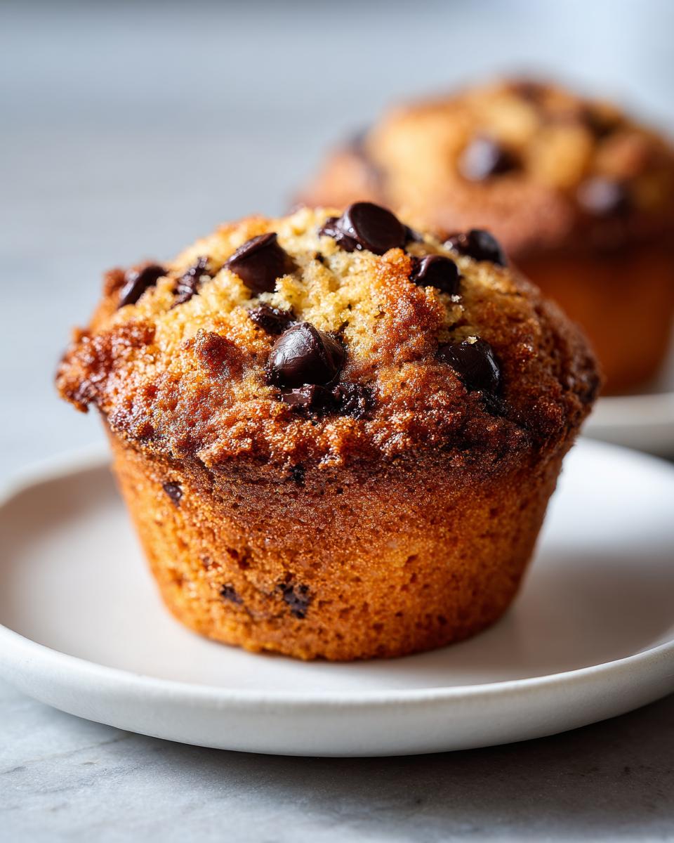 A golden brown banana chocolate chip muffin topped with melted chocolate chips sits on a white plate.