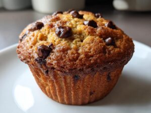 Close-up of a golden brown banana chocolate chip muffin topped with melted chocolate chips, sitting on a white plate.